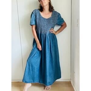 Vintage 90s Denim Summer Dress Size XL Ruched ankle Length Cottagecore